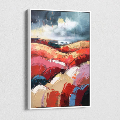 Abstract landscape canvas wall art with bold red orange and blue brushstrokes in white frame for office or living room decor