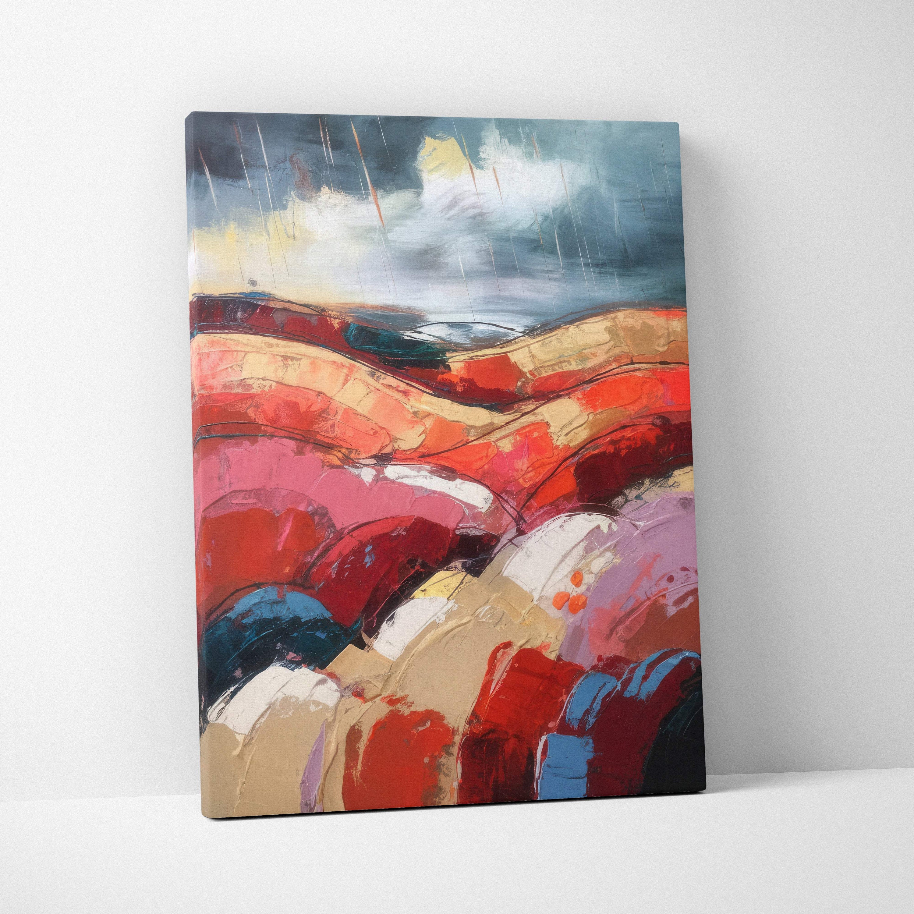 Abstract canvas wall art painting with bold textured brushstrokes in reds pinks ochres and blues for modern urban decor