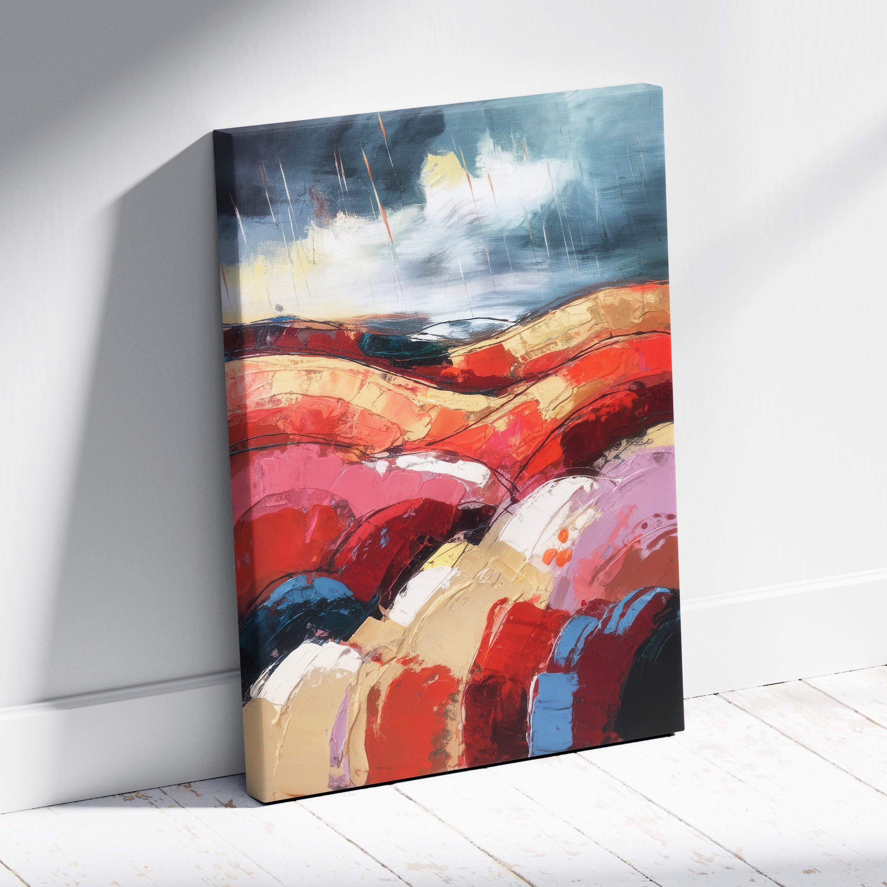 Vibrant abstract landscape canvas with bold reds oranges and blues textured brushstrokes for office and living room decor