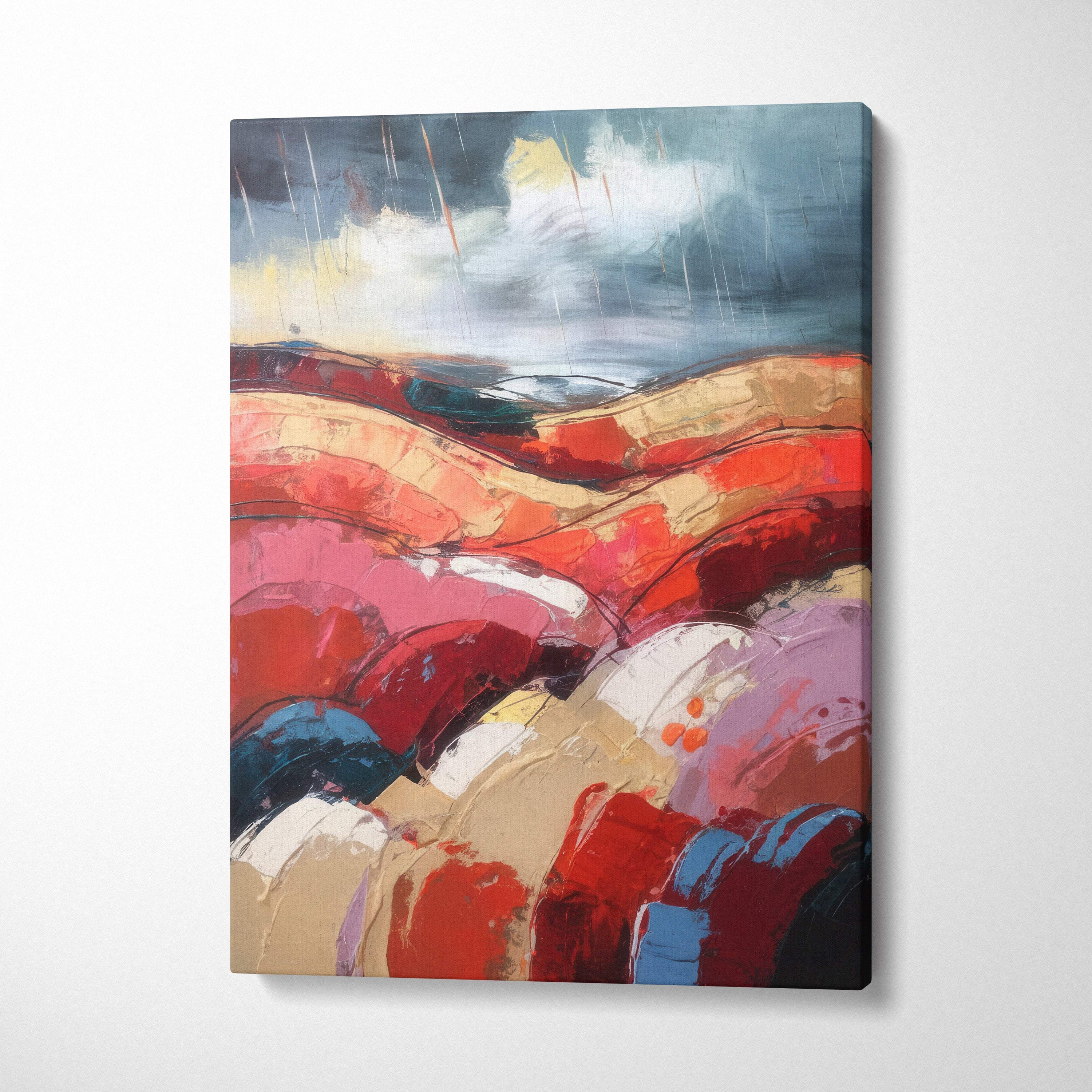 Vibrant abstract canvas wall art painting with bold reds pinks and earthy tones for modern office and living room decor