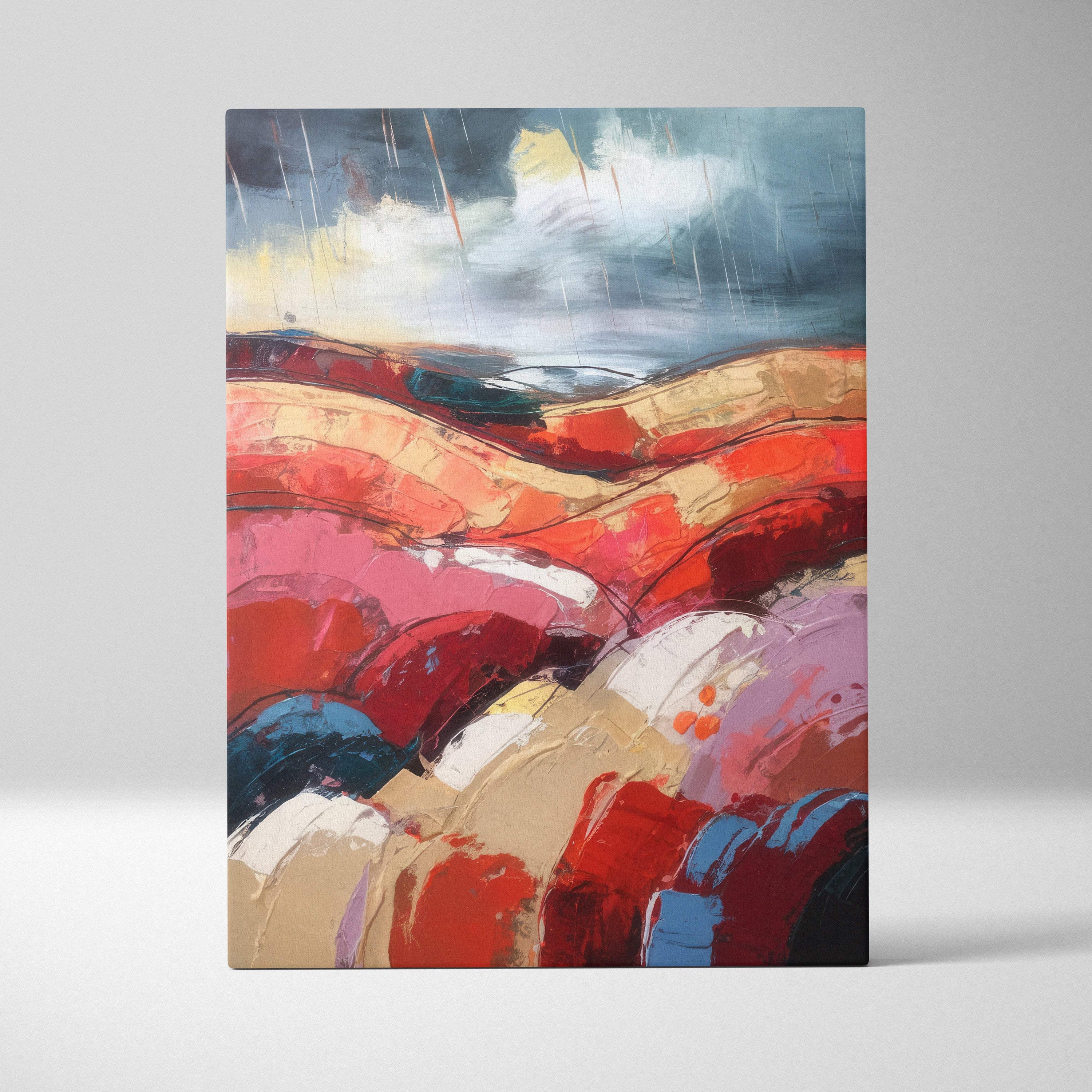 Vibrant abstract canvas wall art painting with bold reds pinks and earthy tones for office and living room decor