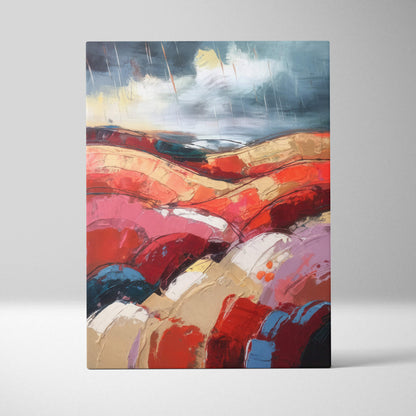 Vibrant abstract canvas wall art painting with bold reds pinks and earthy tones for office and living room decor