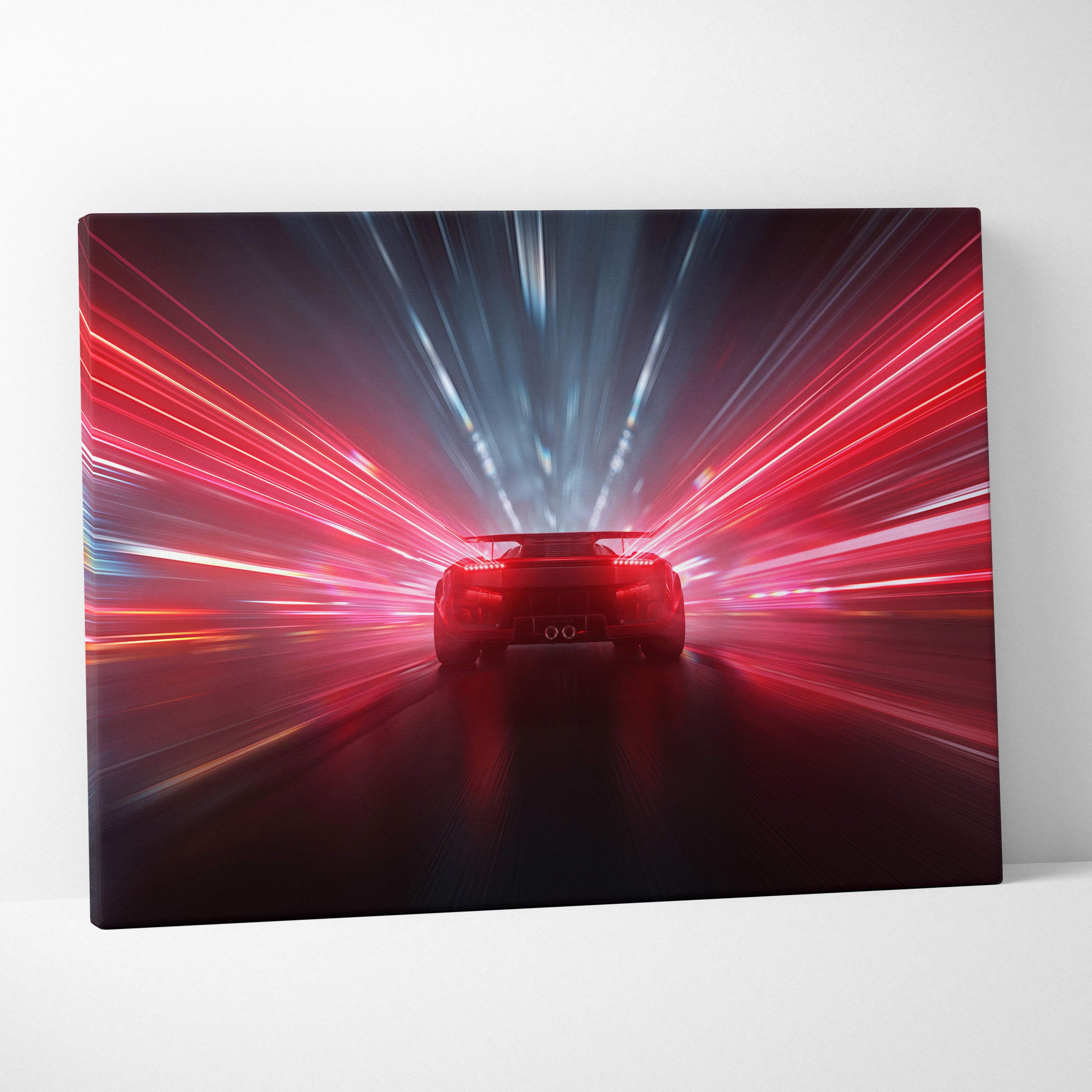 Red sports car canvas print with dynamic neon light streaks and sleek futuristic high speed rear view design