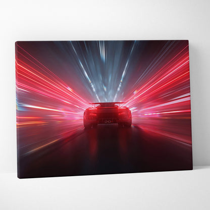 Red sports car canvas print with dynamic neon light streaks and sleek futuristic high speed rear view design