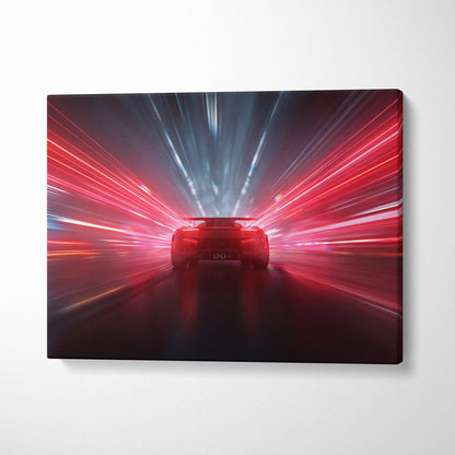 Canvas print of a red sports car speeding through neon light trails showing dynamic motion blur and futuristic design