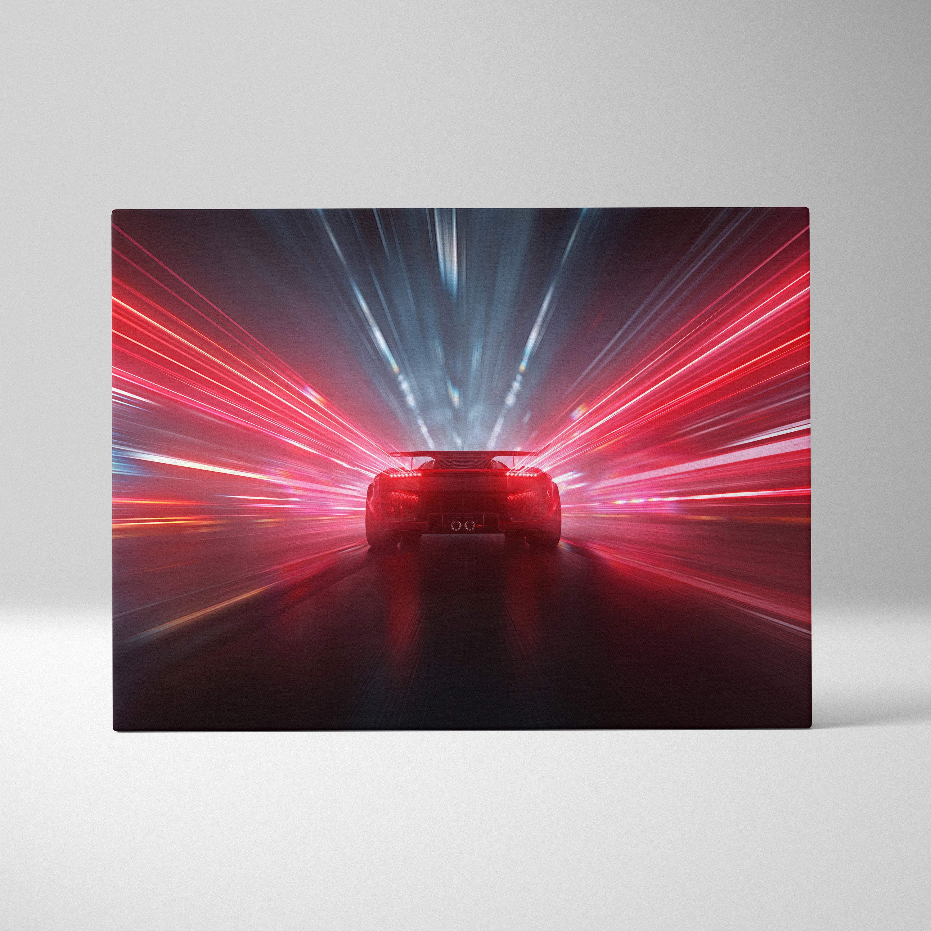 A sleek red sports car viewed from behind speeding through neon light trails in a dynamic automotive wall art print