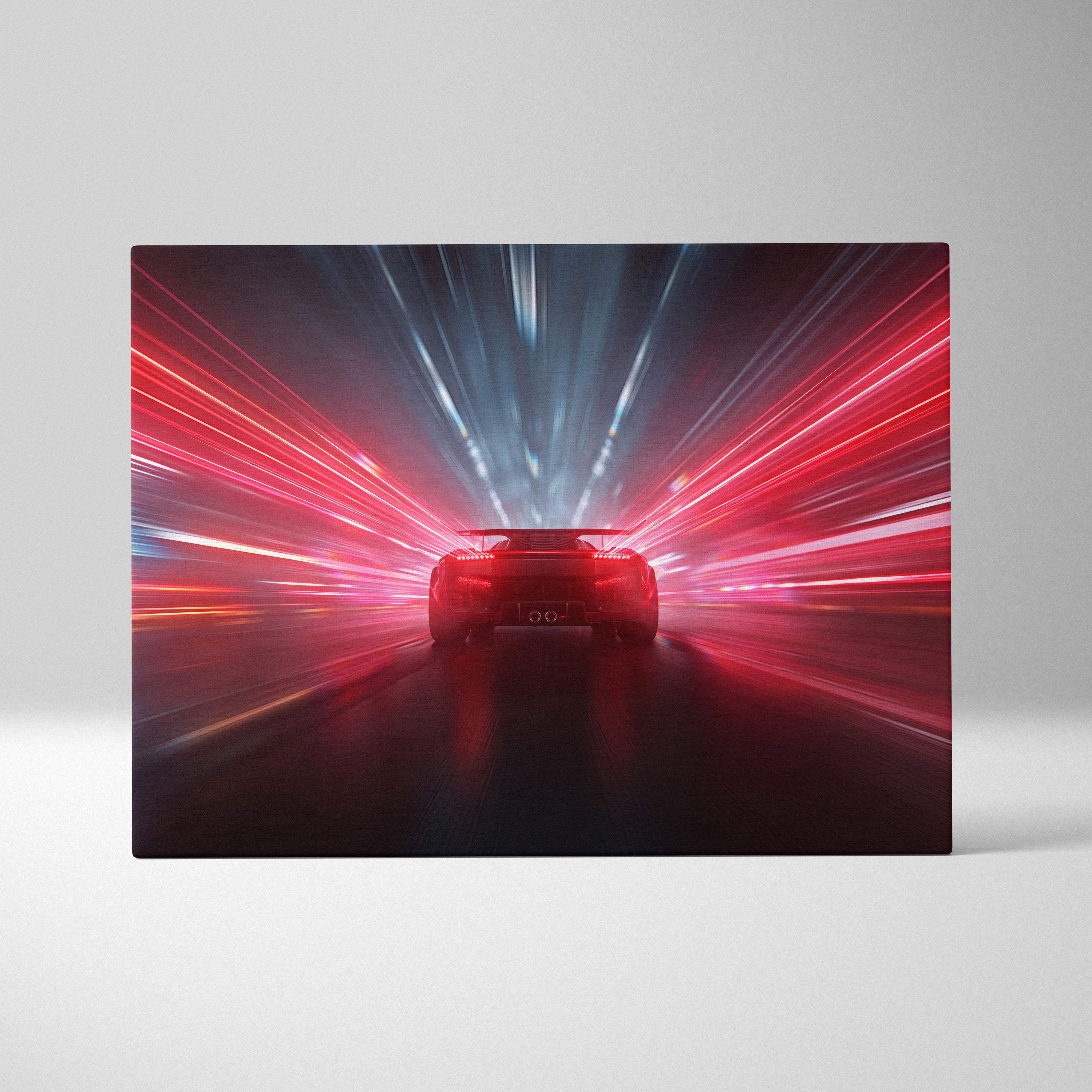 A sleek red sports car viewed from behind speeding through neon light trails in a dynamic automotive wall art print
