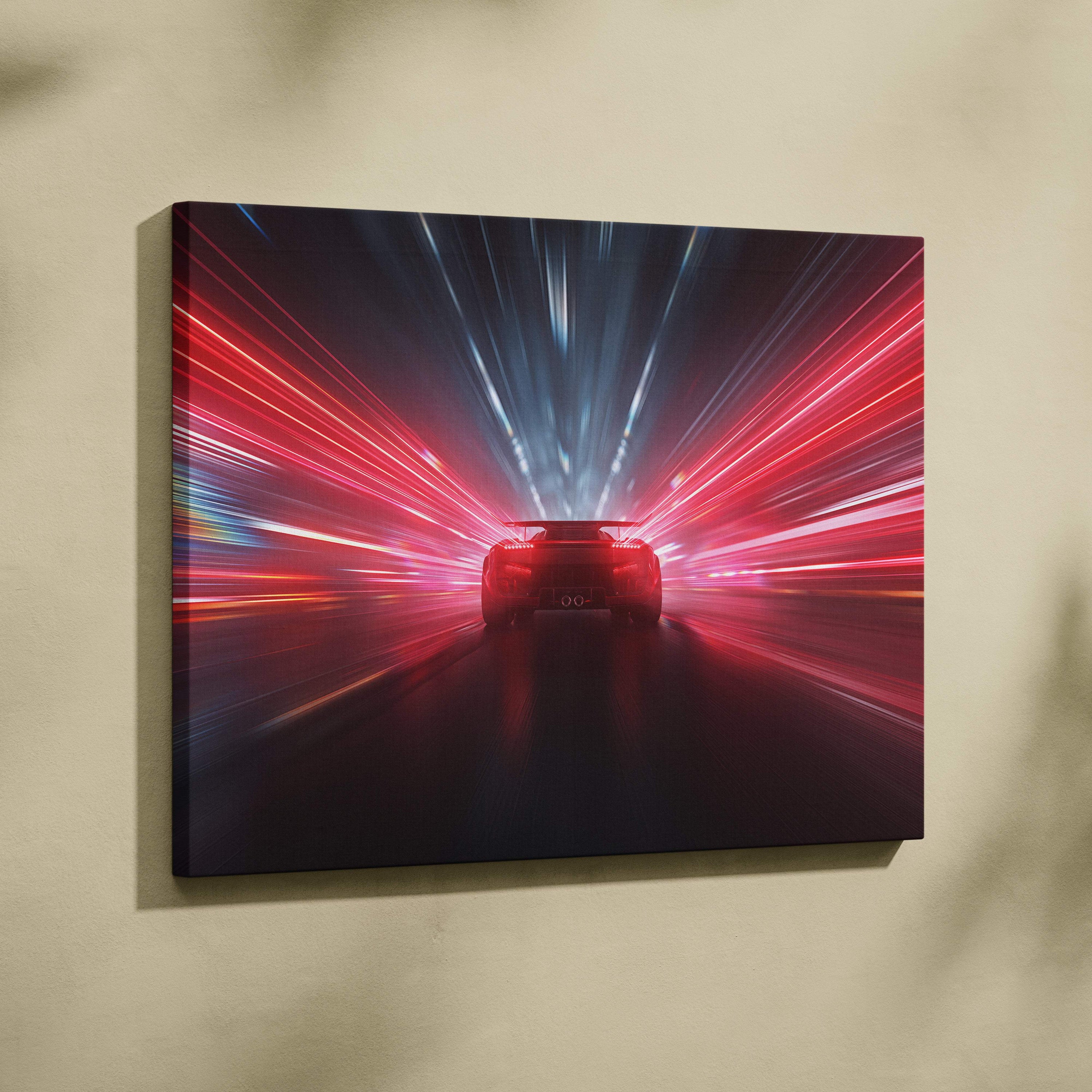 A vibrant red bugatti hypercar in dynamic motion blur on stretched canvas wall art with neon light trails design