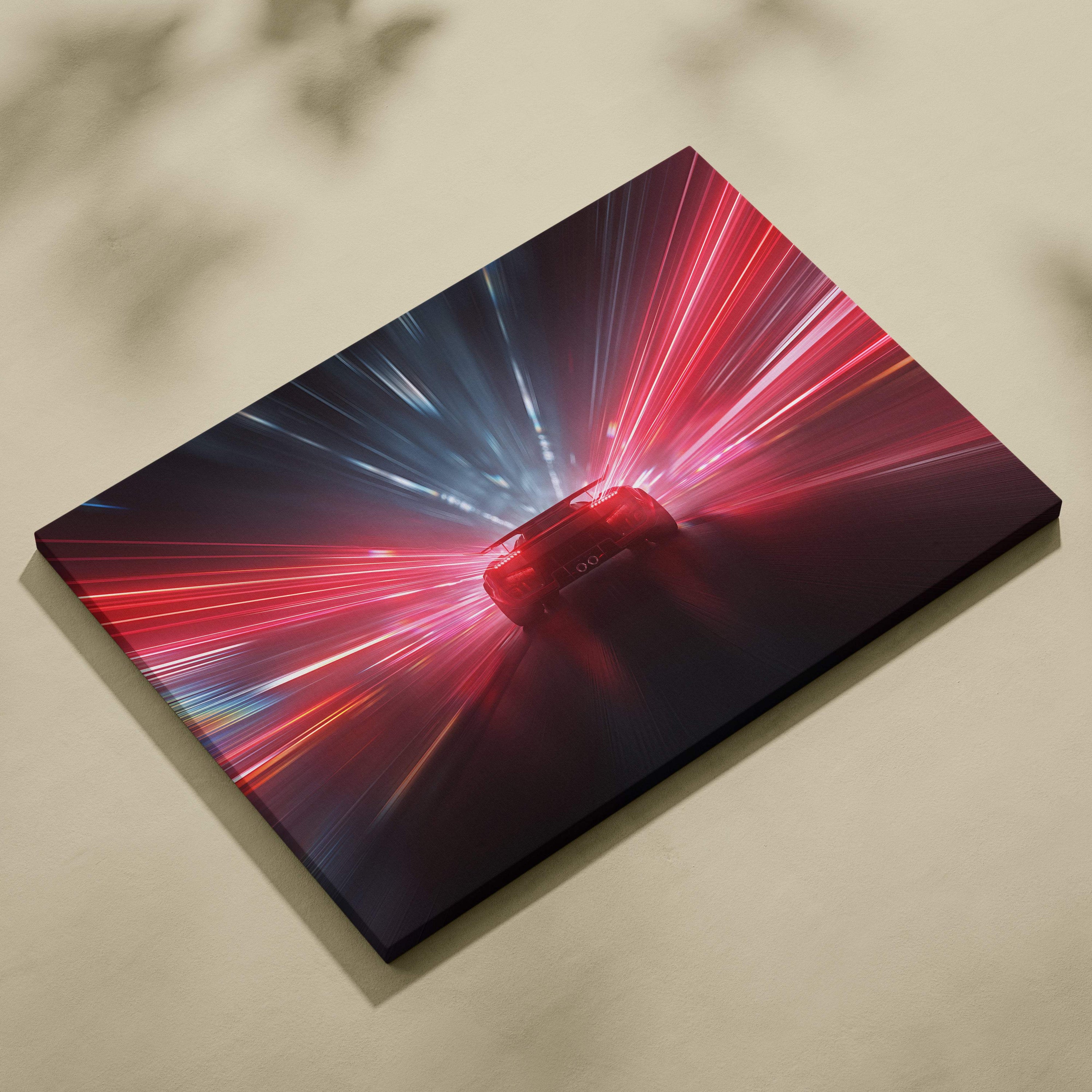 A vibrant canvas print of a red sports car speeding through neon light trails with dynamic motion blur
