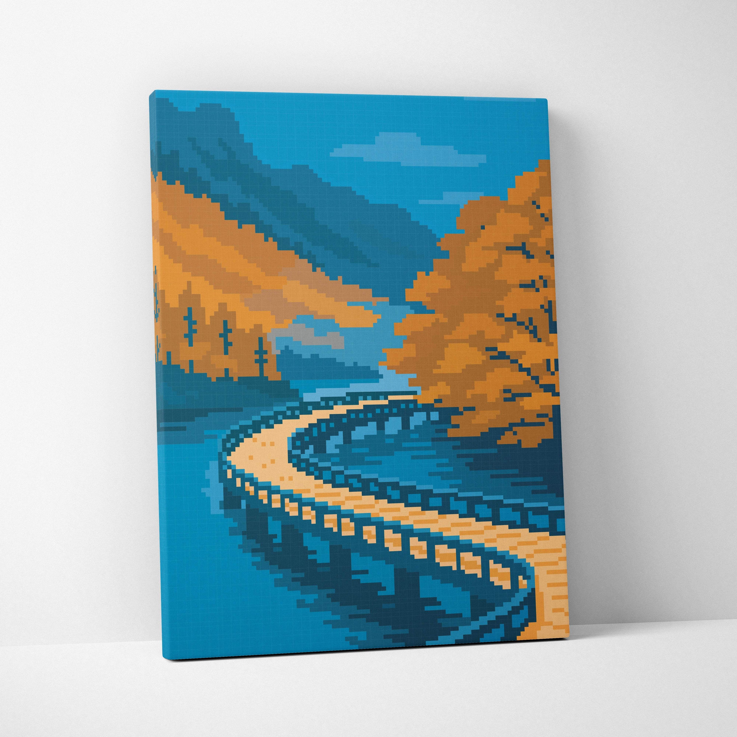 Autumn lake bridge pixel art canvas print of a winding wooden bridge over blue water with orange trees and mountains