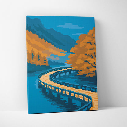 Autumn lake bridge pixel art canvas print of a winding wooden bridge over blue water with orange trees and mountains