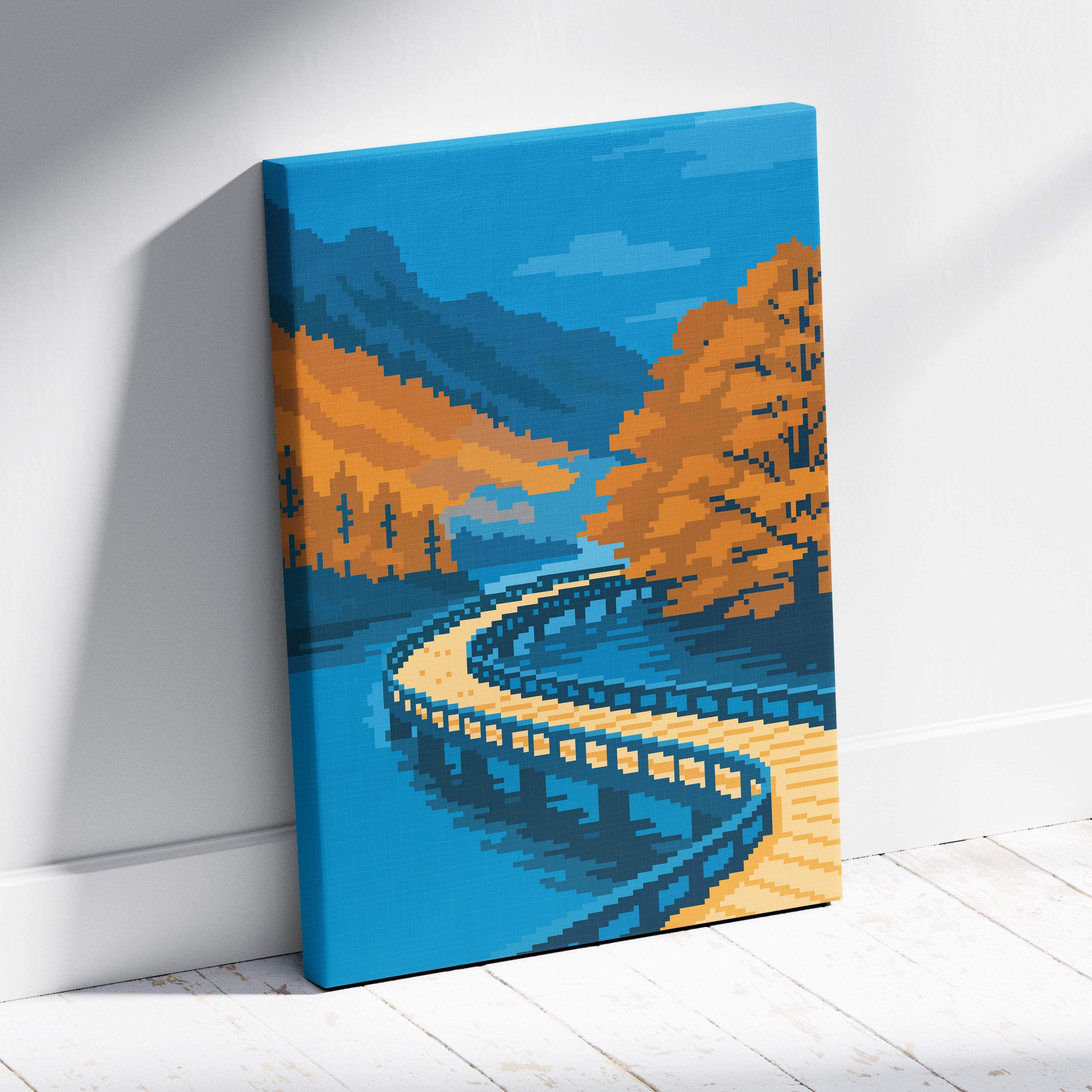 Autumn lake bridge pixel art canvas print featuring a vibrant wooden bridge over blue water and orange trees
