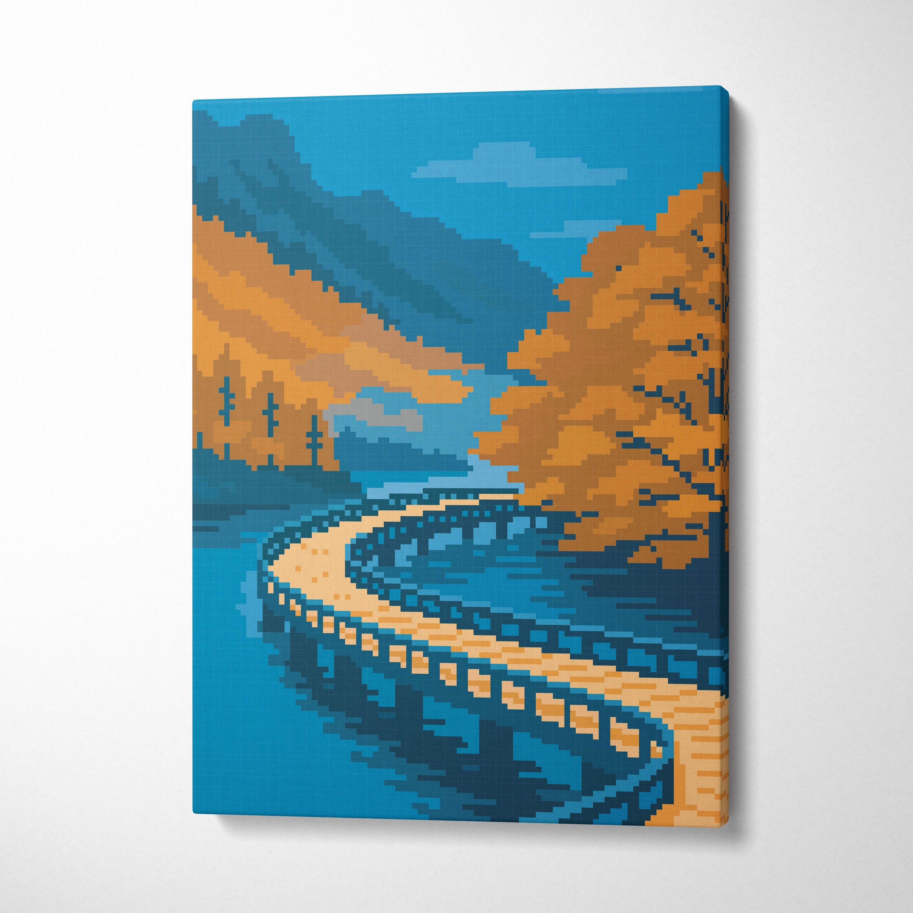 Autumn lake bridge pixel art canvas print showing a winding wooden bridge over blue water with orange autumn trees and mountains