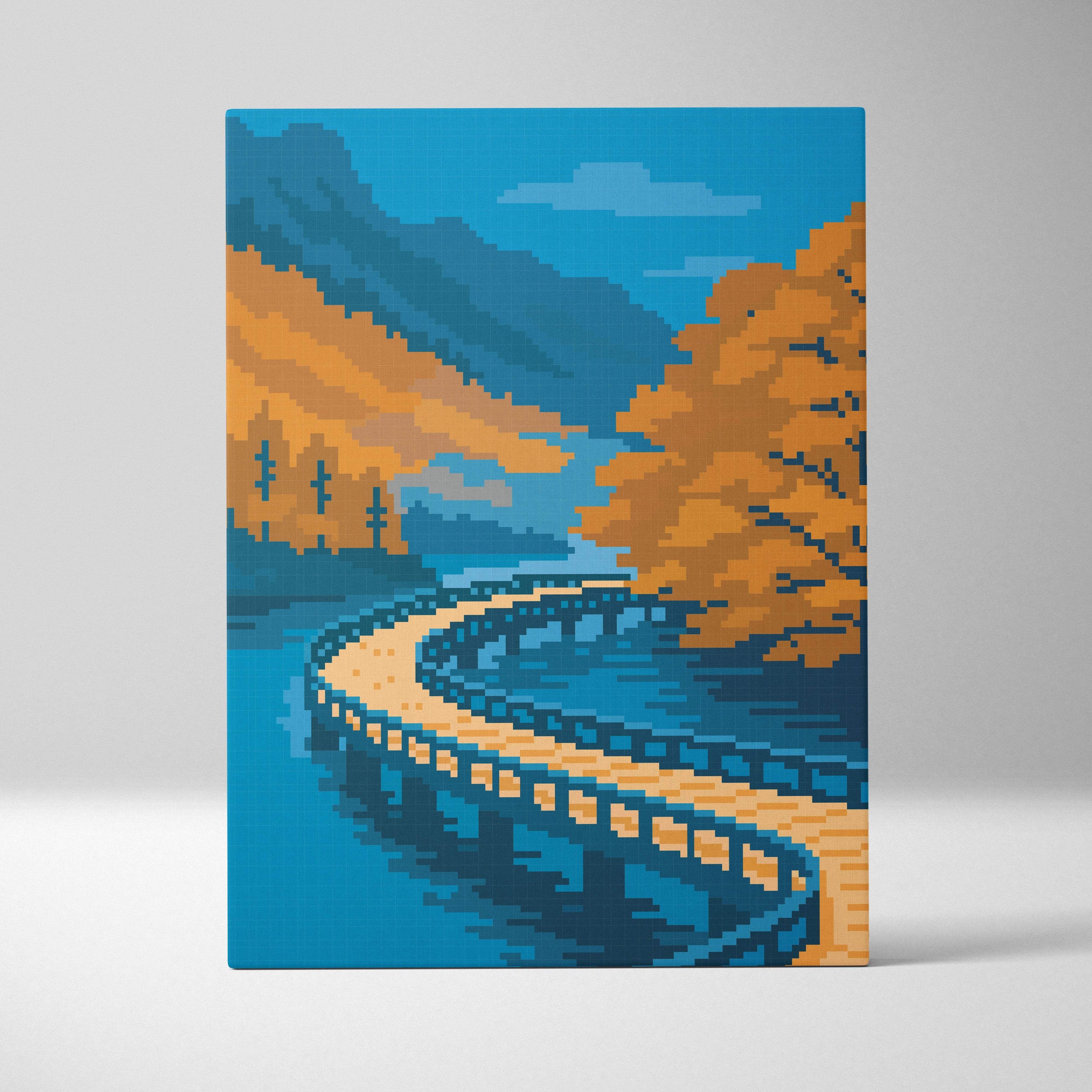 Pixel art canvas print of a winding wooden bridge over turquoise water with autumn trees and blue orange mountains