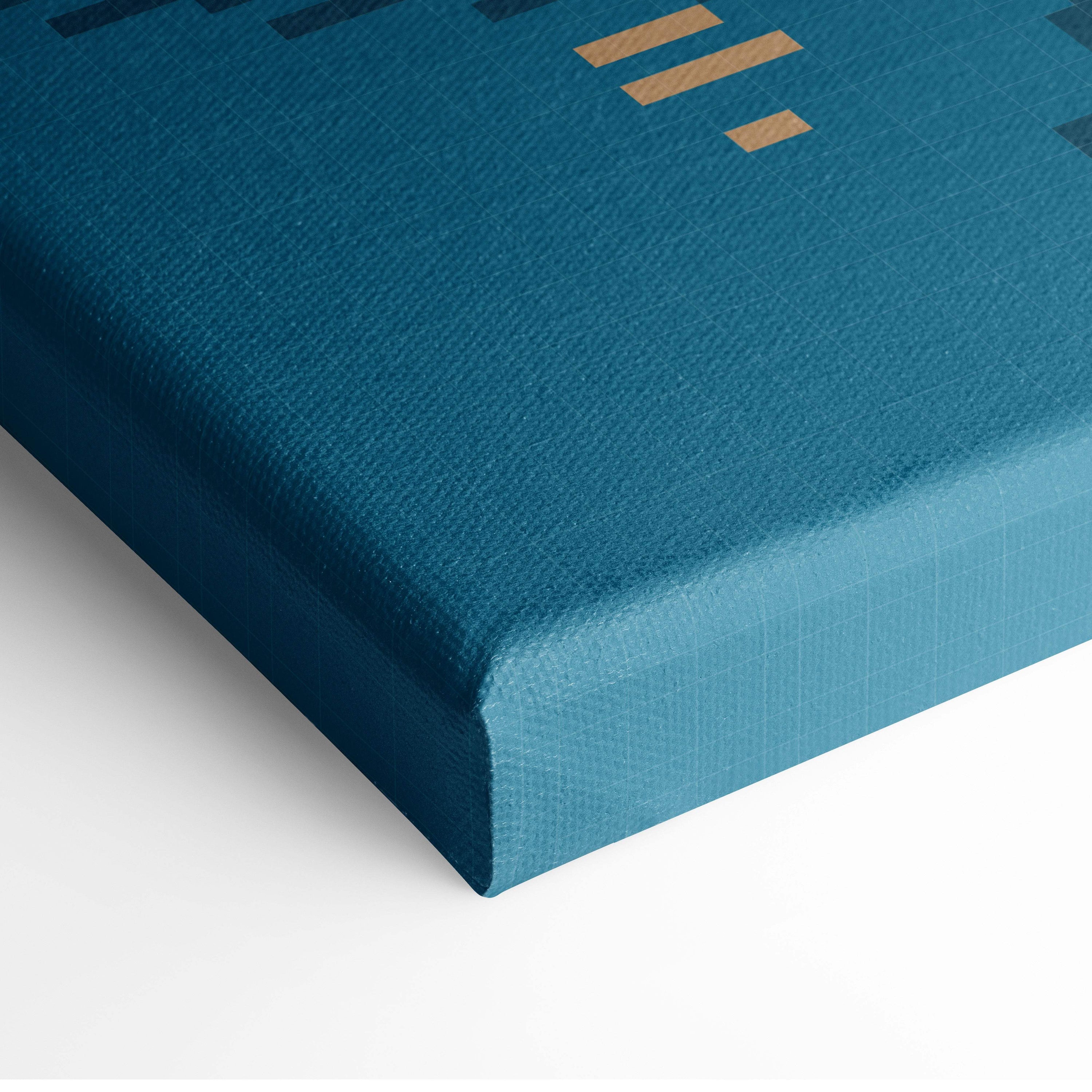 Teal canvas print with textured surface and gold geometric accents cozy cabin pixel art nature wall decor