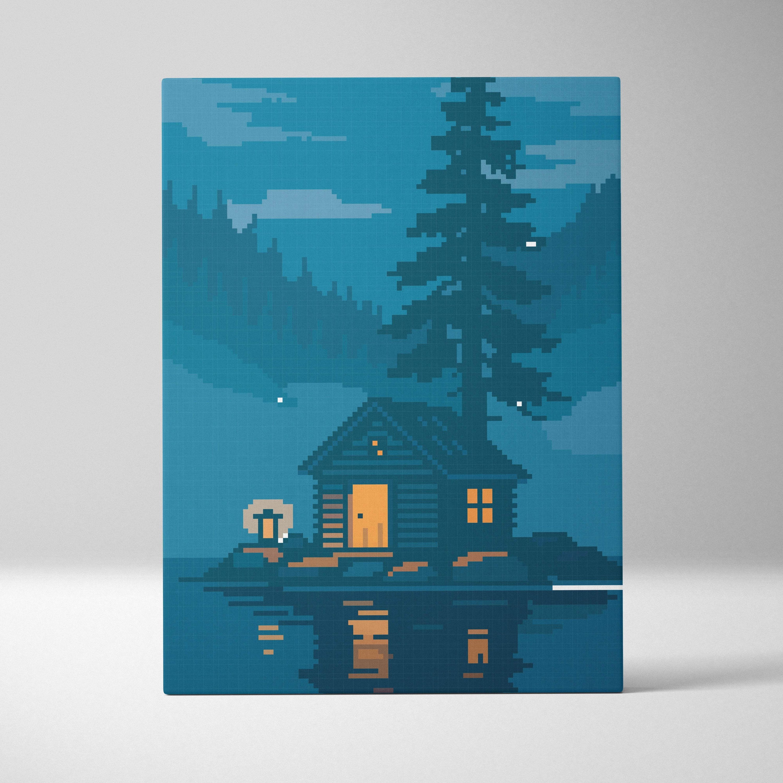 Cozy cabin pixel art canvas print showing a warm lit log cabin on an island with blue night sky and pine tree reflections