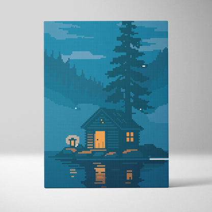 Cozy cabin pixel art canvas print showing a warm lit log cabin on an island with blue night sky and pine tree reflections