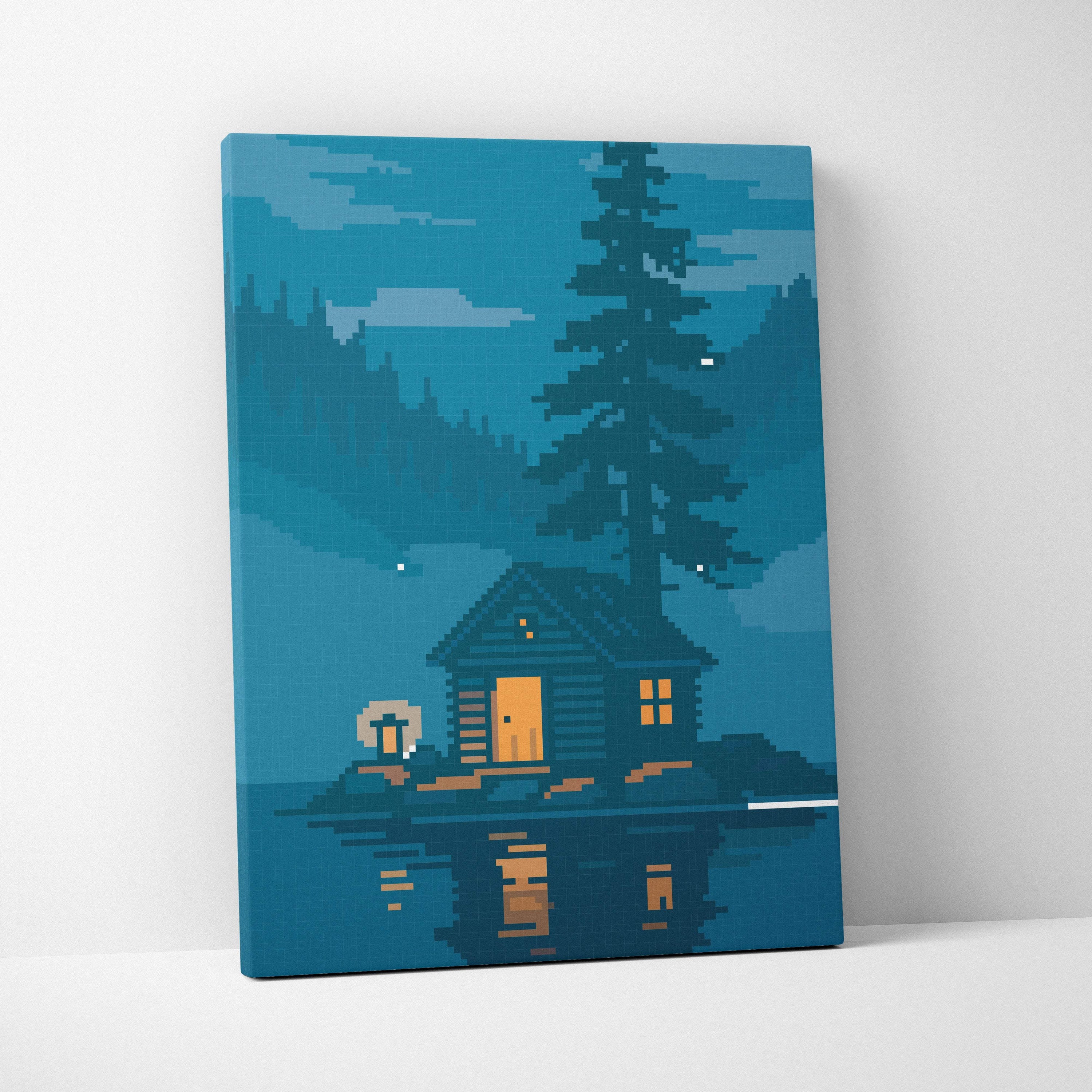 Cozy cabin pixel art canvas print showing a blue log cabin with warm lights on an island at night with pine tree reflection