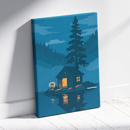 Cozy cabin pixel art canvas print featuring a blue lake forest scene with a log cabin and pine tree reflection design