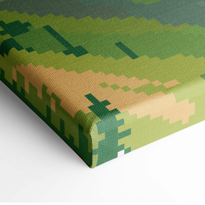 Pixelated canvas print of waterfall mountain pixel art featuring layered green and brown minecraft-style forest landscape