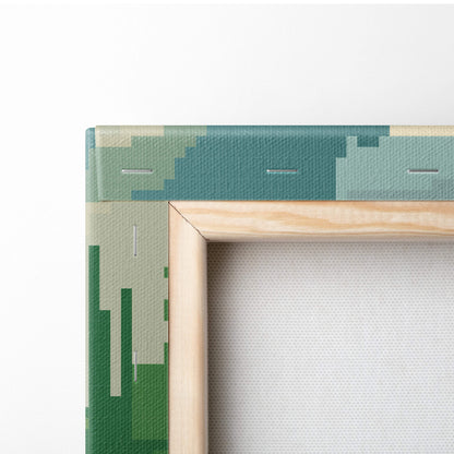 A light wood-framed canvas print with pixelated green and beige camouflage edge in waterfall mountain pixel art style