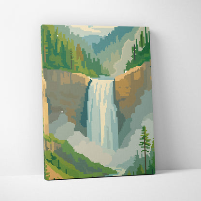 Waterfall mountain pixel art canvas print featuring a serene green forest landscape with rocky cliffs and cascading water