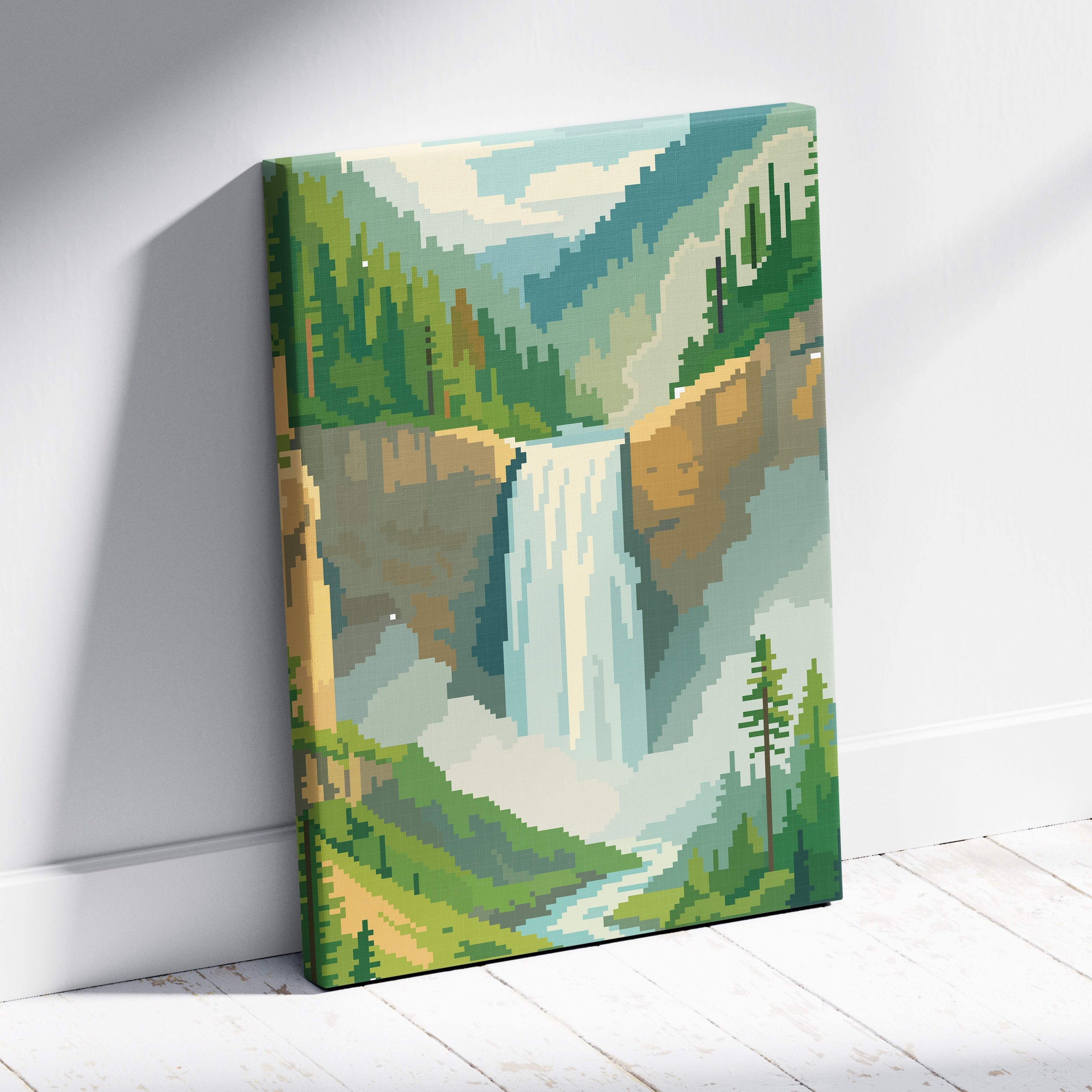 Waterfall mountain pixel art canvas print with lush green forest and rocky cliffs under soft blue sky wall art