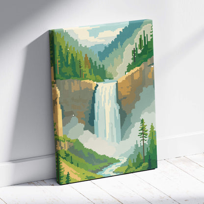 Waterfall mountain pixel art canvas print with lush green forest and rocky cliffs under soft blue sky wall art