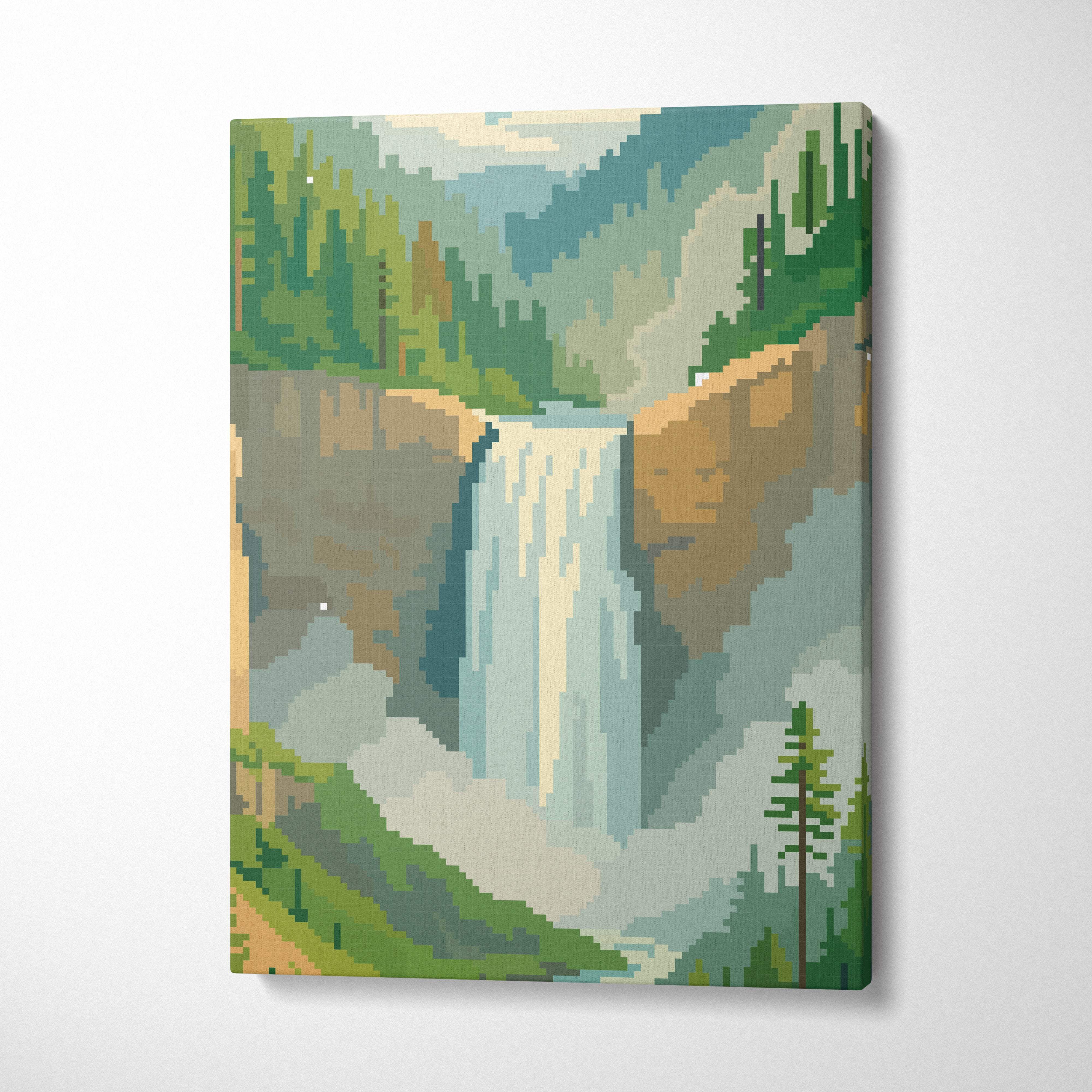 Waterfall mountain pixel art canvas print depicting a serene green forest waterfall in retro game style scenic artwork