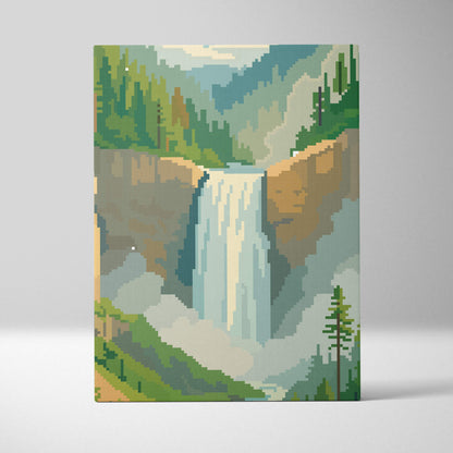 Waterfall mountain pixel art canvas print featuring a green forest landscape with cascading waterfall and misty mountains