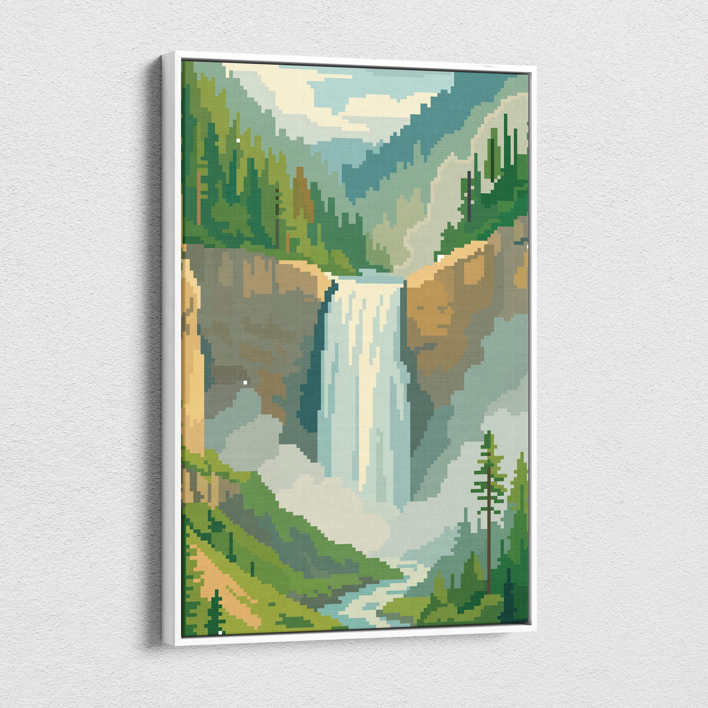 Pixel art canvas print of a waterfall cascading down rocky cliffs with green forest and misty mountains landscape wall art