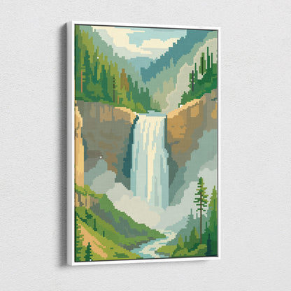 Pixel art canvas print of a waterfall cascading down rocky cliffs with green forest and misty mountains landscape wall art