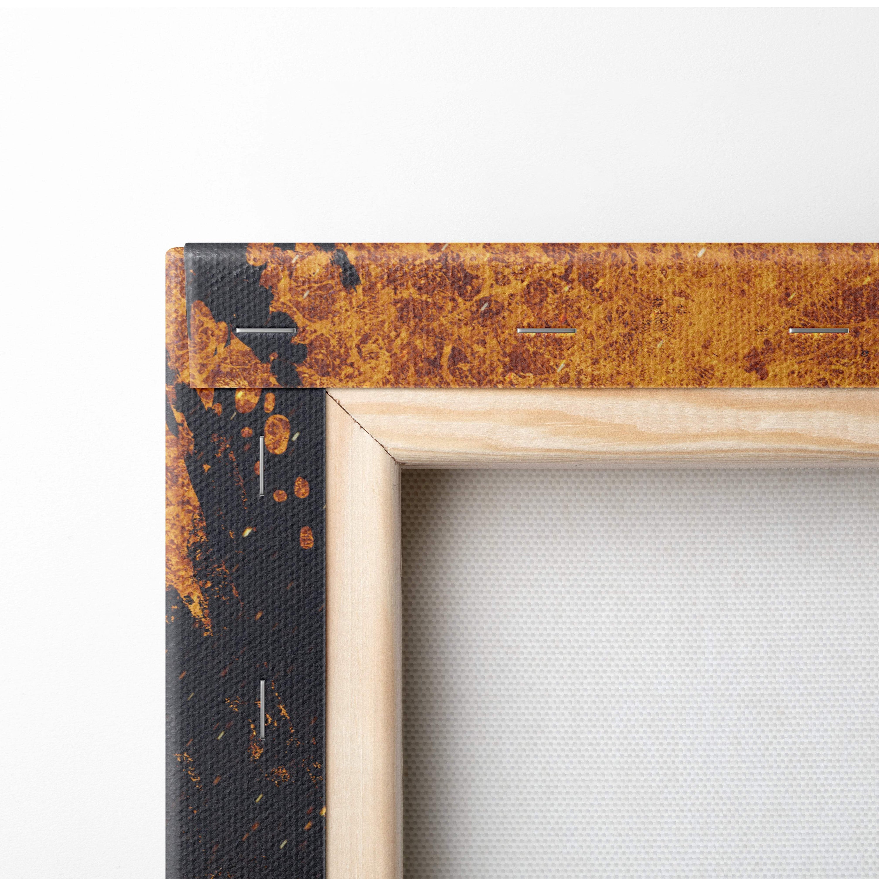 Rustic textured canvas art with distressed orange and black finish framed in light wood for dark sci-fi wall decor