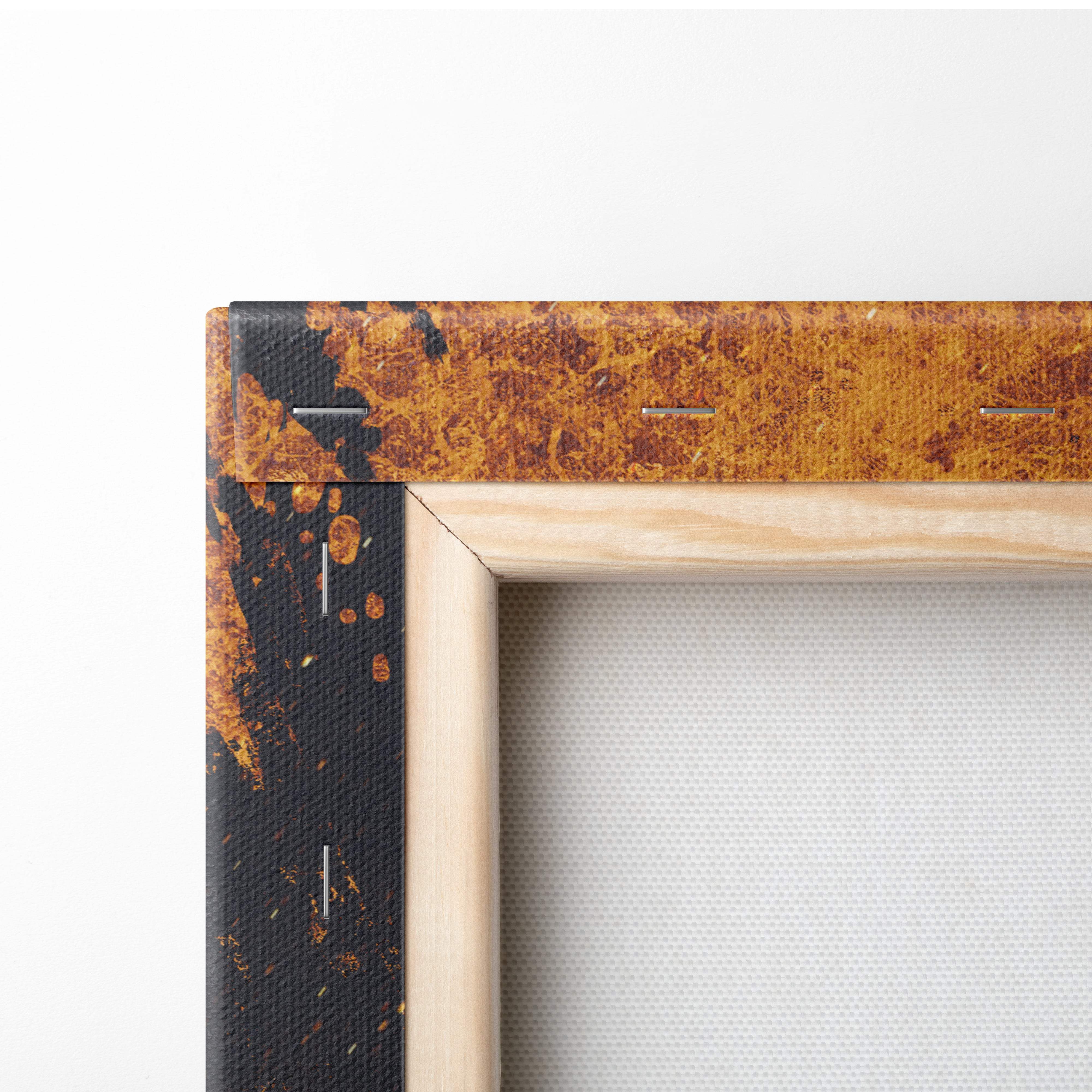 Rustic textured canvas art with distressed orange and black finish framed in light wood for dark sci-fi wall decor