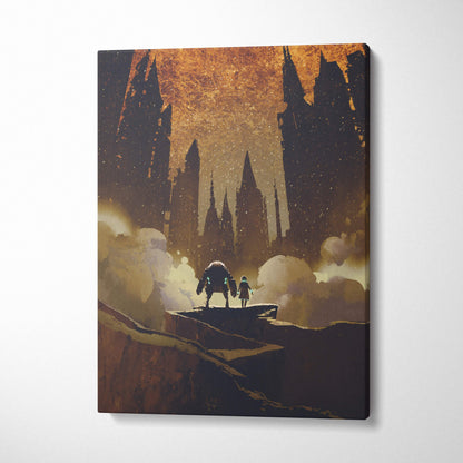 Rectangular canvas print of golden dystopian journey featuring dark spiky castle silhouettes and two figures on rocky terrain