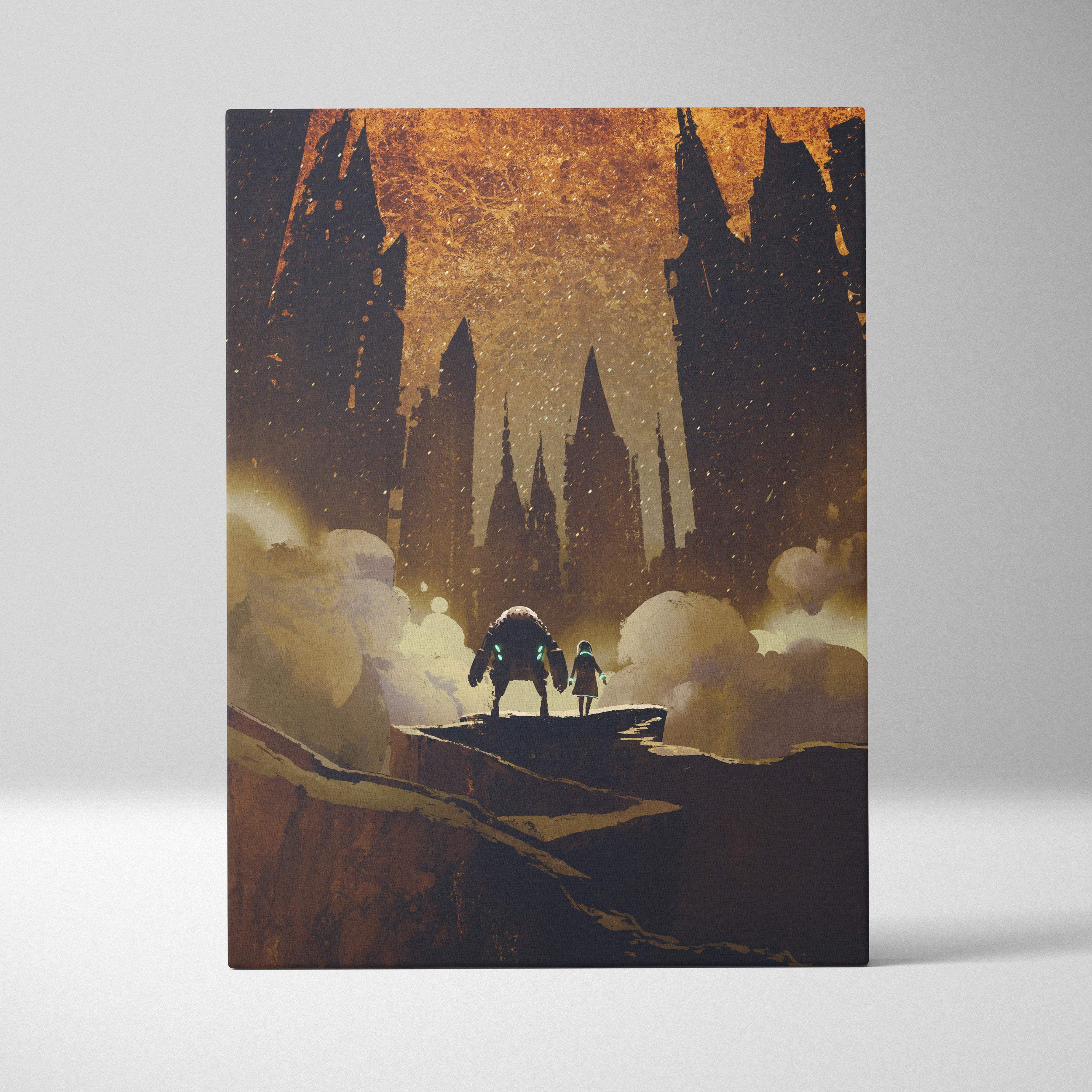 Rectangular canvas print of golden dystopian journey with orange sky and spiky futuristic castle silhouettes