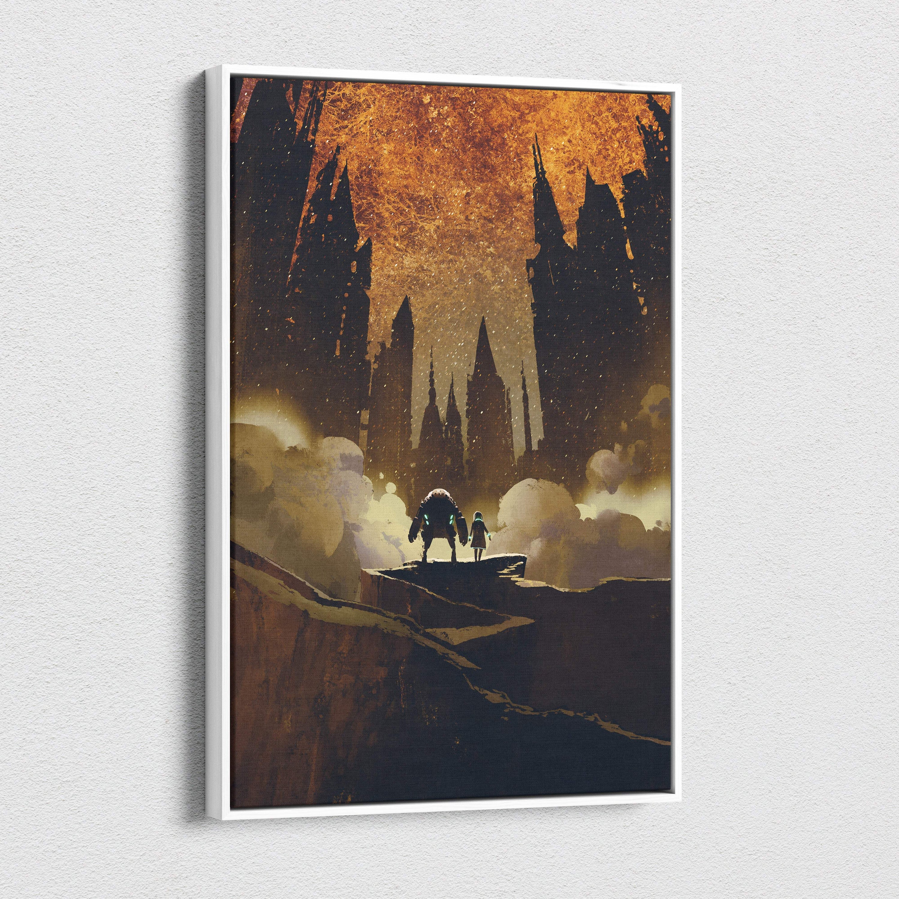 A framed canvas art of a fiery dystopian landscape with silhouetted spires and two figures on a cliff edge