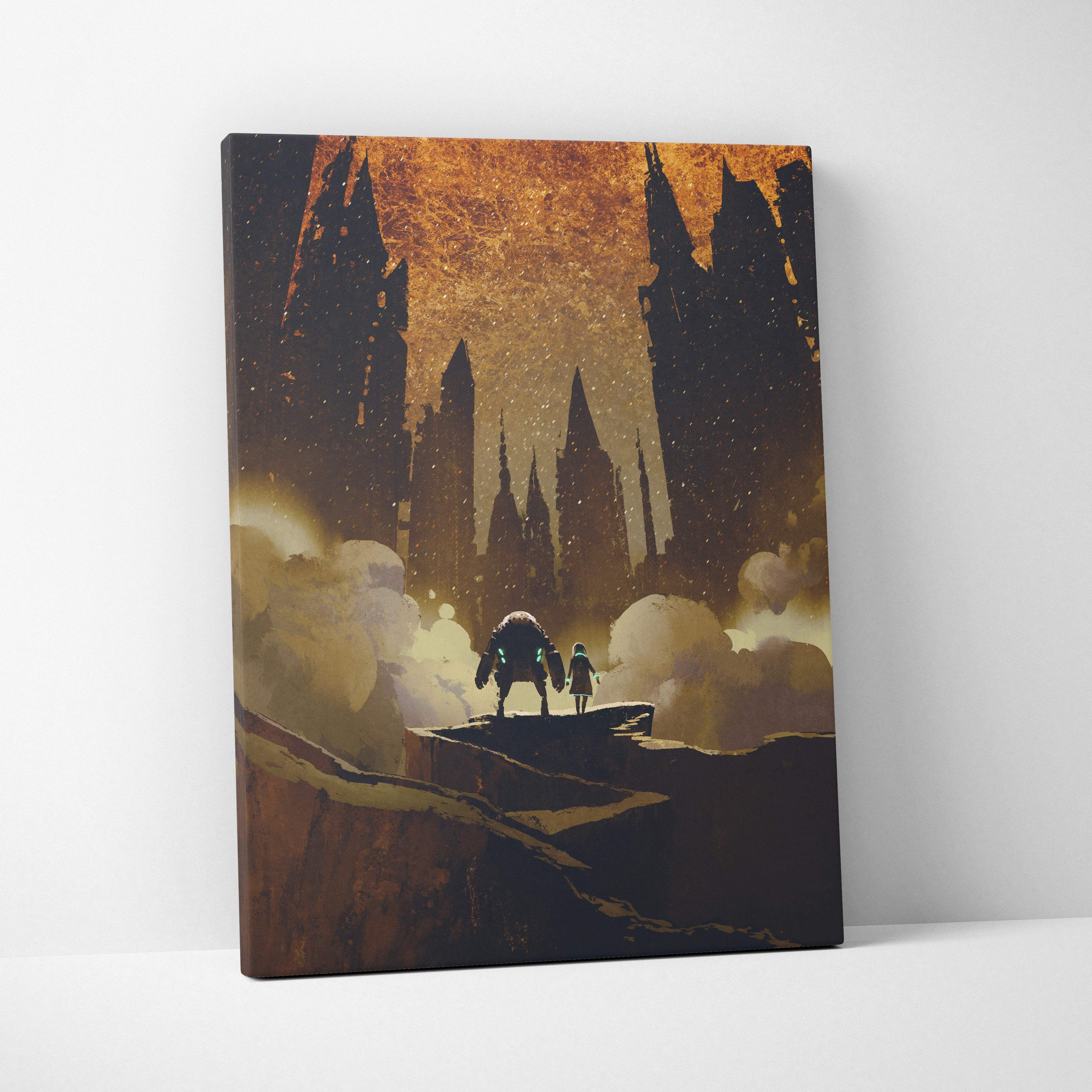 Rectangular canvas print of golden dystopian journey with dark sci-fi skyline and two figures on rocky terrain
