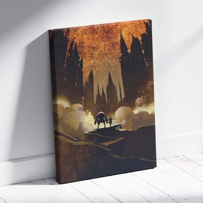 Rectangular canvas print of futuristic city ruins with dark spiky castles against an orange and gold sky wall decor