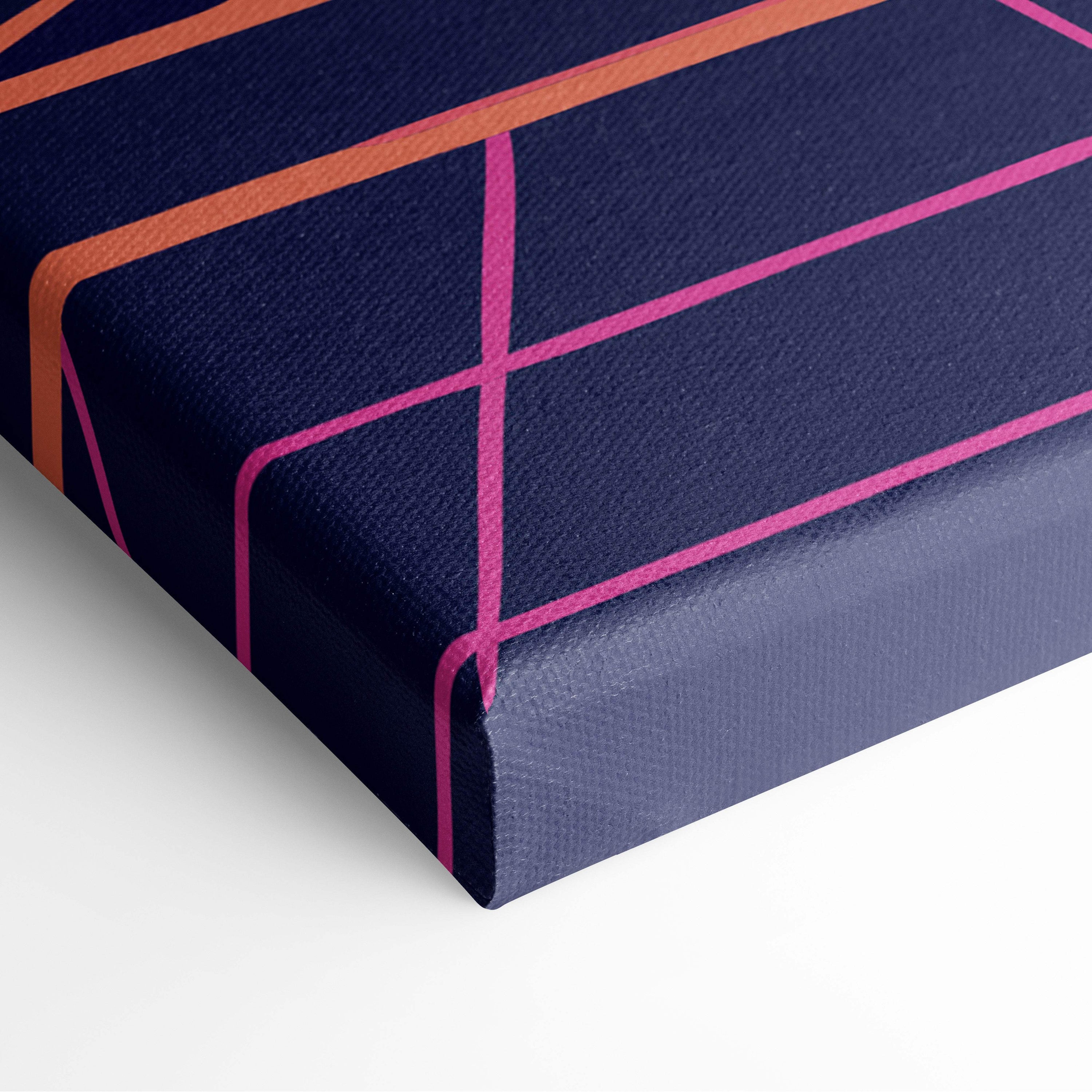 Navy blue canvas print with bold orange and magenta lines vaporwave neon triangle tunnel wall decor