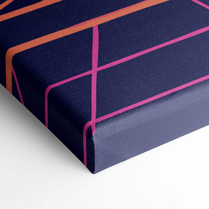 Navy blue canvas print with bold orange and magenta lines vaporwave neon triangle tunnel wall decor
