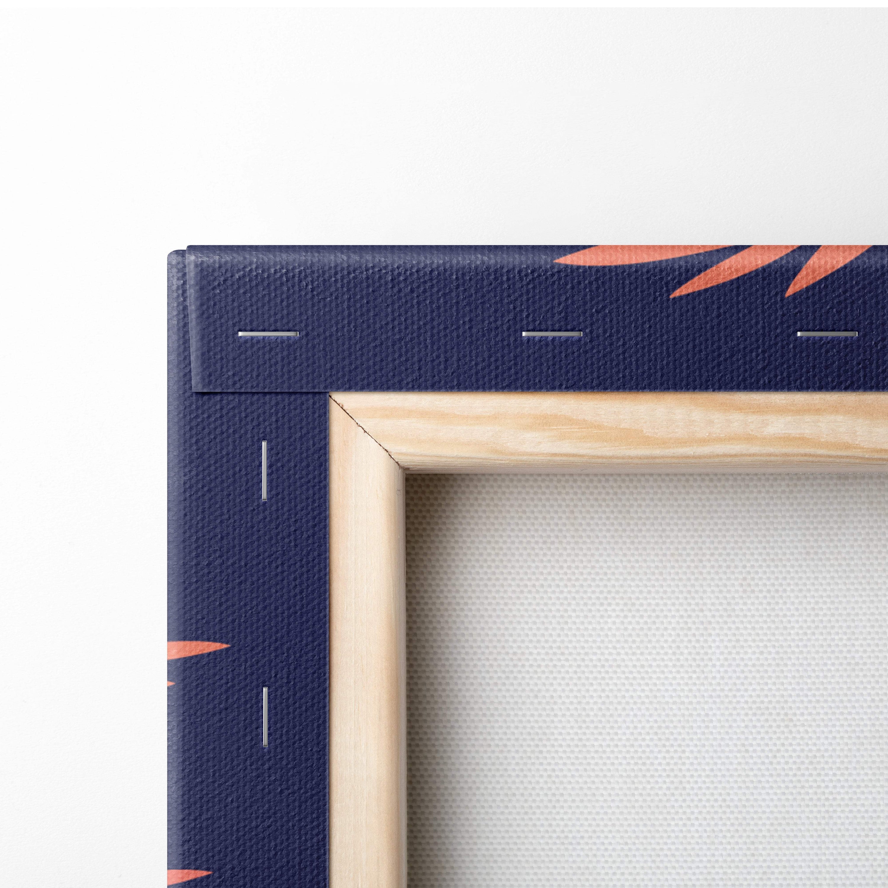 Navy blue canvas print with orange leaf pattern framed in light wood for vaporwave neon triangle tunnel wall decor