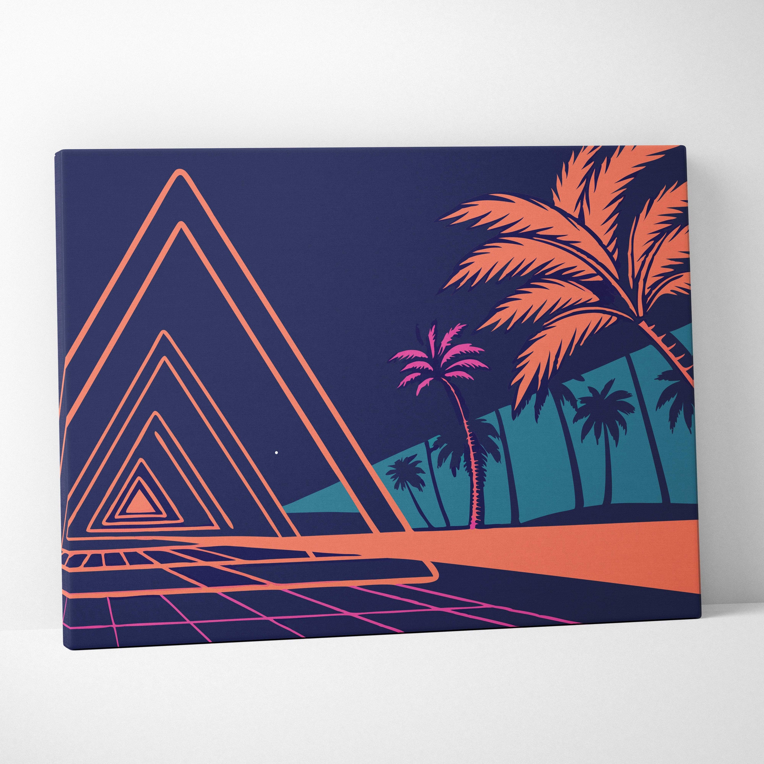 Navy blue canvas print with glowing orange pink triangles and teal magenta palm trees in vaporwave neon triangle tunnel design