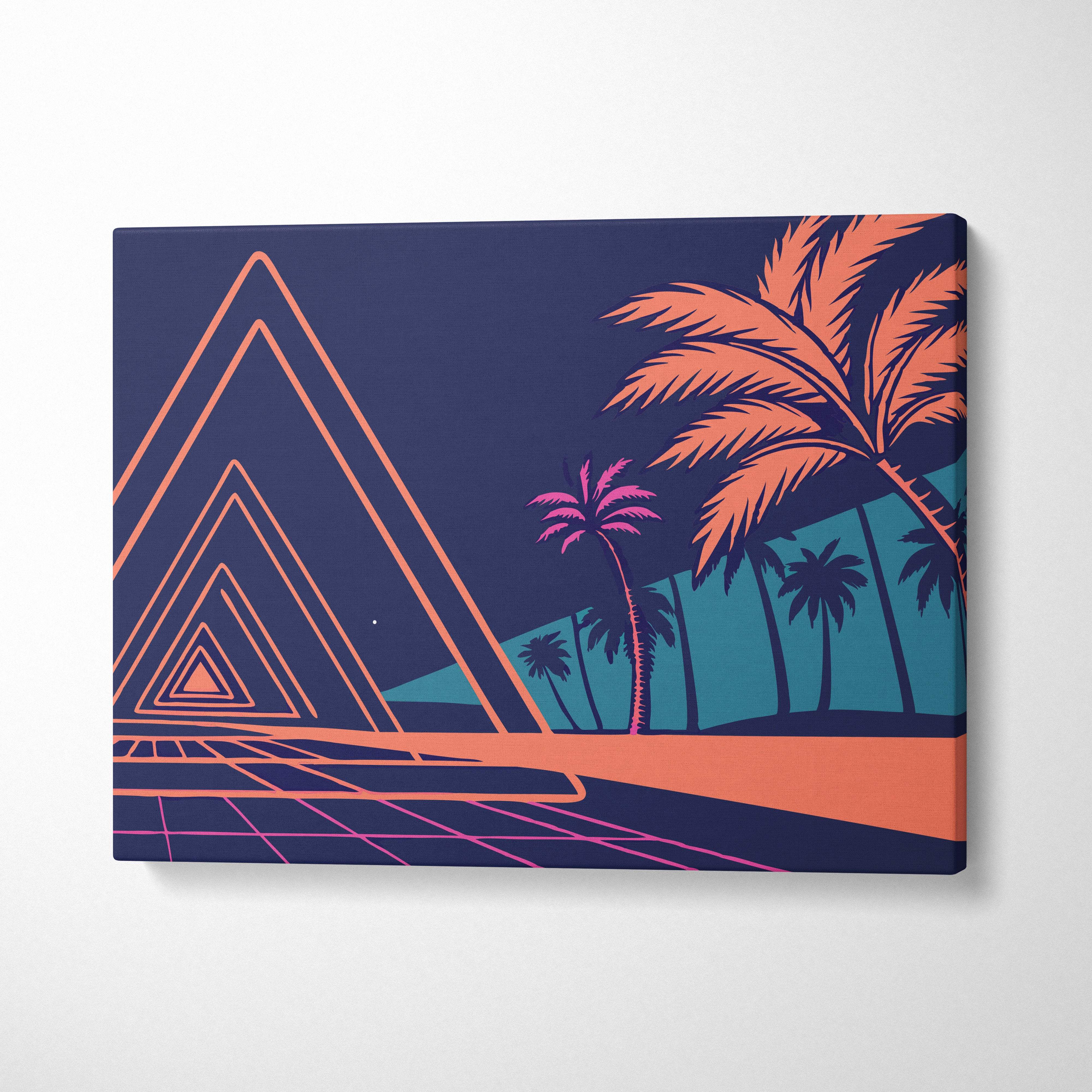 Navy blue canvas print featuring glowing orange and pink geometric triangles palm trees and retro futuristic grid design