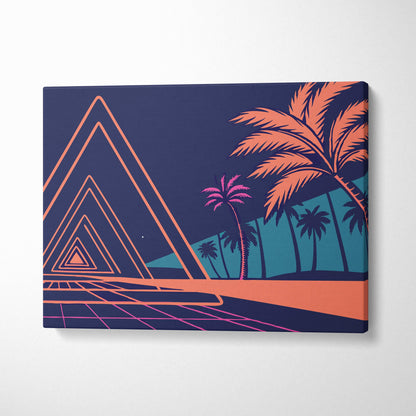 Navy blue canvas print featuring glowing orange and pink geometric triangles palm trees and retro futuristic grid design