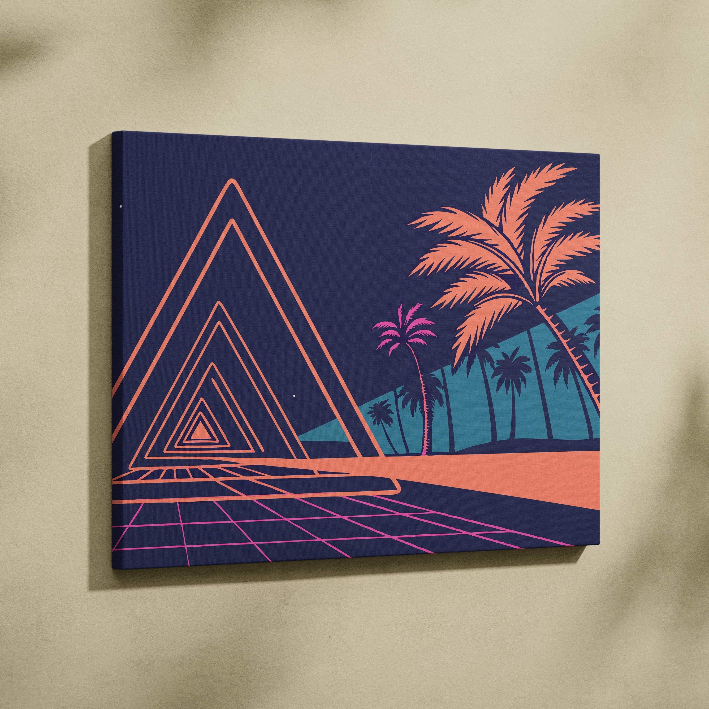 Navy blue canvas print with glowing orange and pink geometric triangles, palm trees, and retro grid vaporwave art
