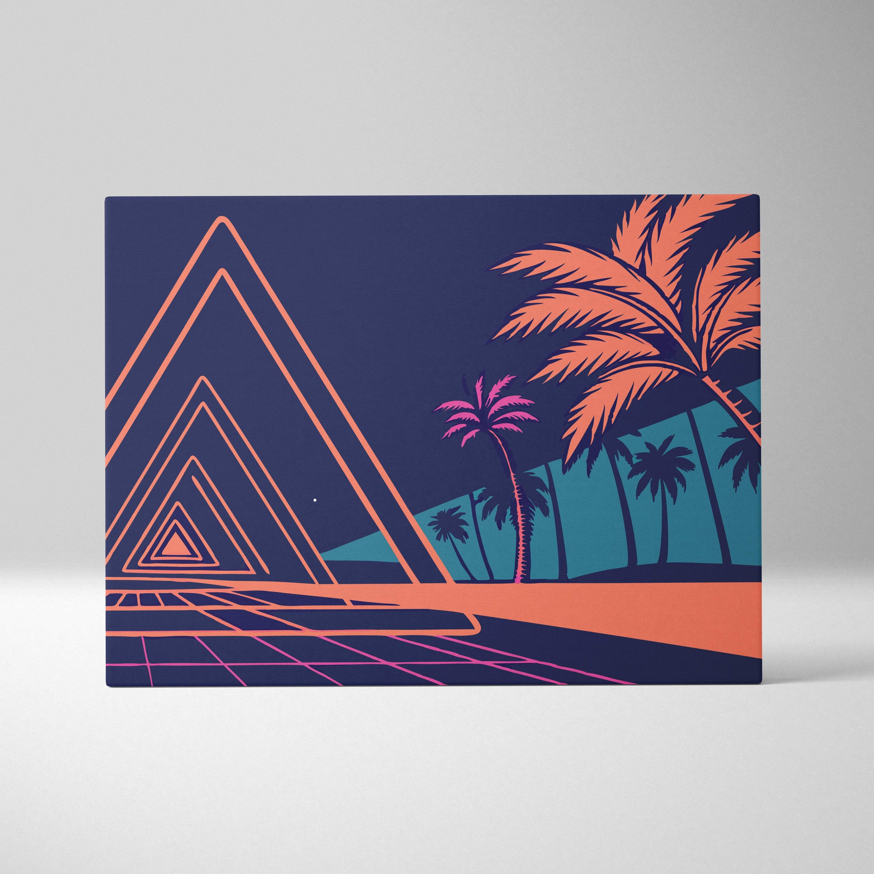 Navy blue canvas print with glowing orange and pink triangles and teal coral palm trees in vaporwave neon tunnel design