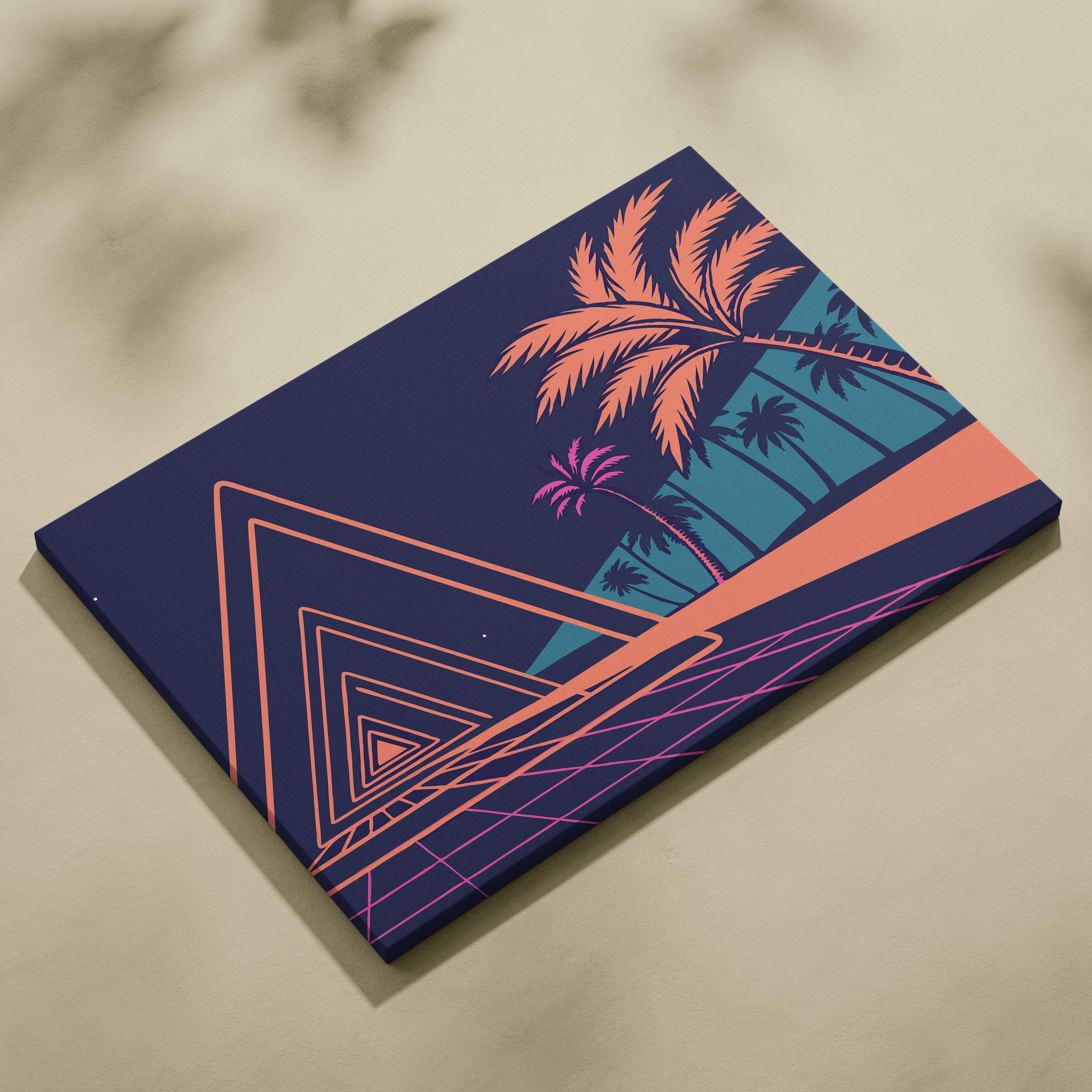 Vaporwave neon triangle tunnel canvas art print featuring vibrant retro palm trees in orange and purple on navy background