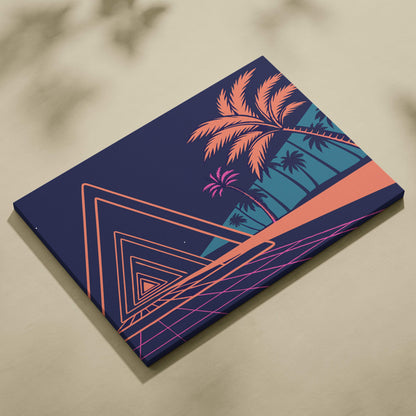 Vaporwave neon triangle tunnel canvas art print featuring vibrant retro palm trees in orange and purple on navy background