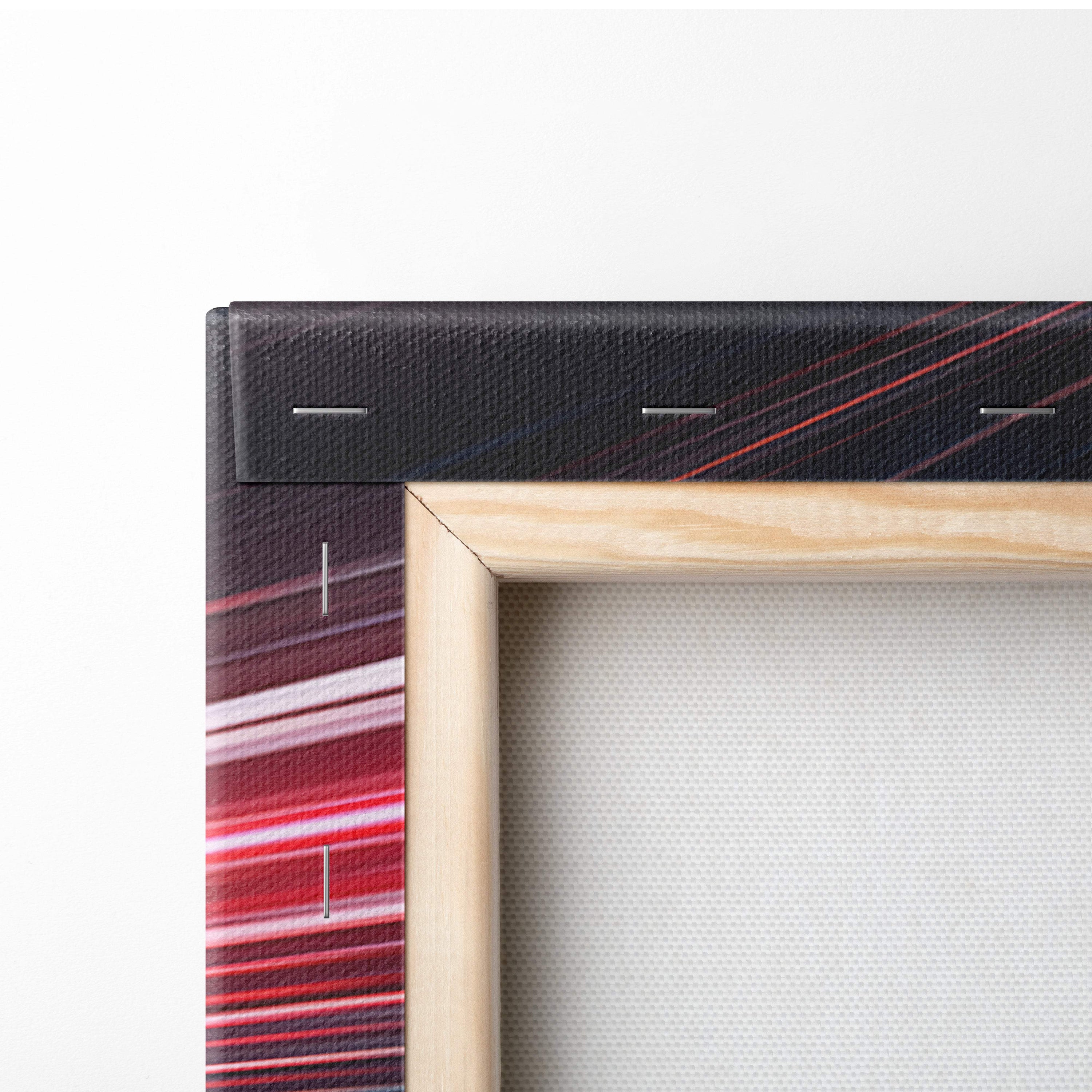 Light wood framed canvas with black red and white abstract design for dynamic automotive wall art print